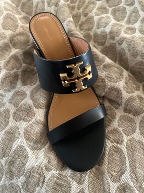Tory Burch Black Leather Double-Band Slide with Gold Logo